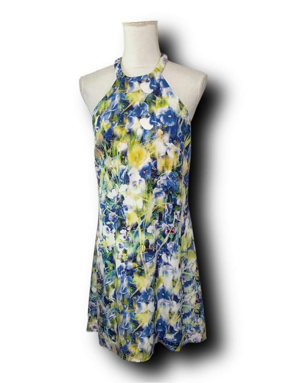 Charlie Jade Sating Floral Halter Mini Swing Dress with Abstract Pansy Print